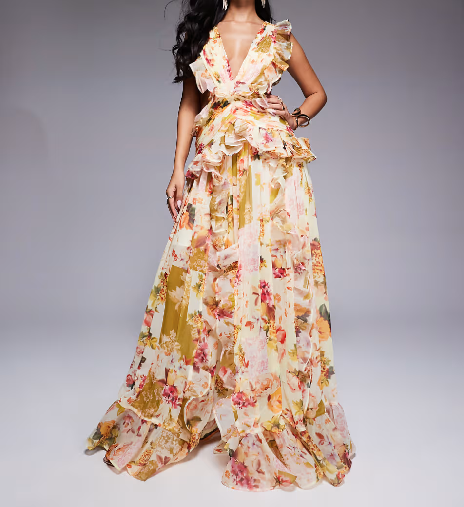 Ruched Chiffon Plunge Floral Maxi Dress
