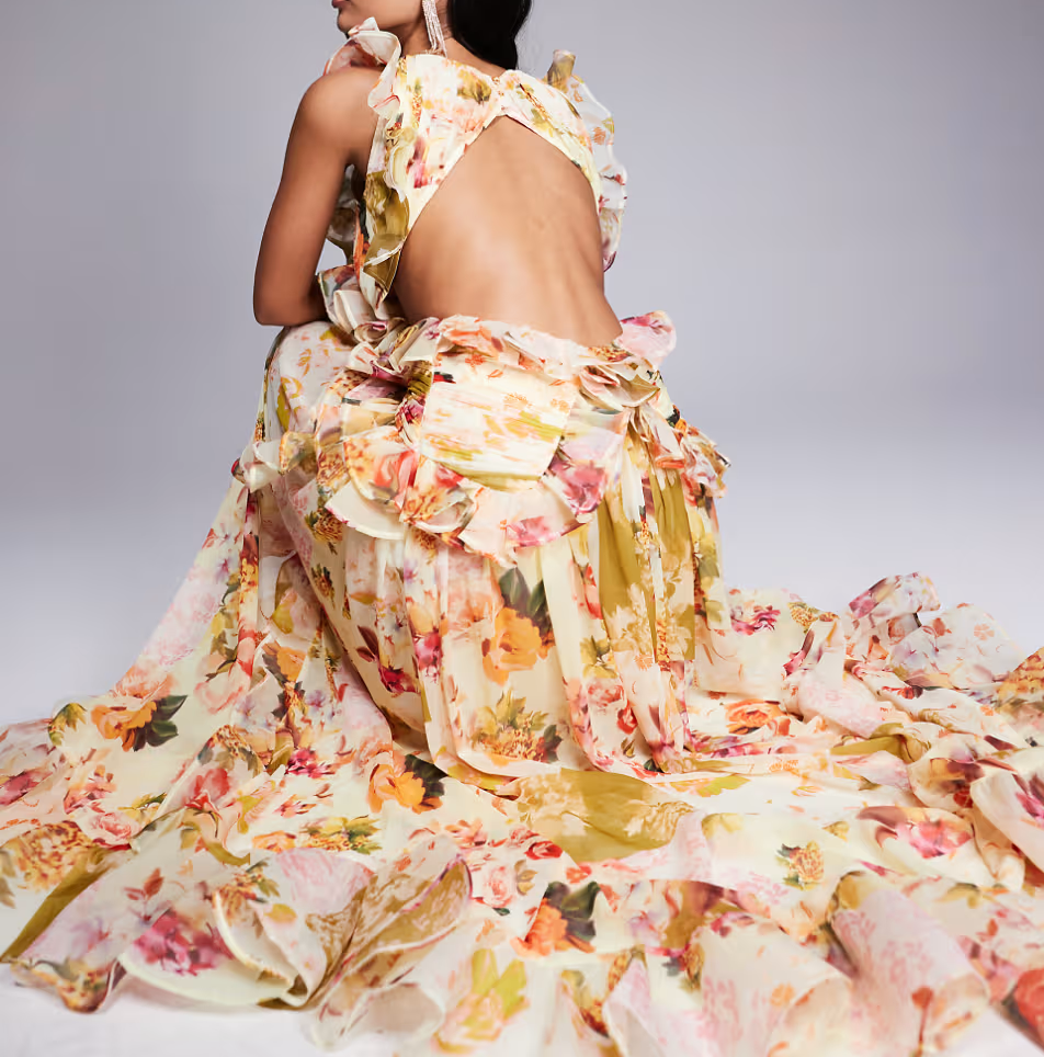 Ruched Chiffon Plunge Floral Maxi Dress