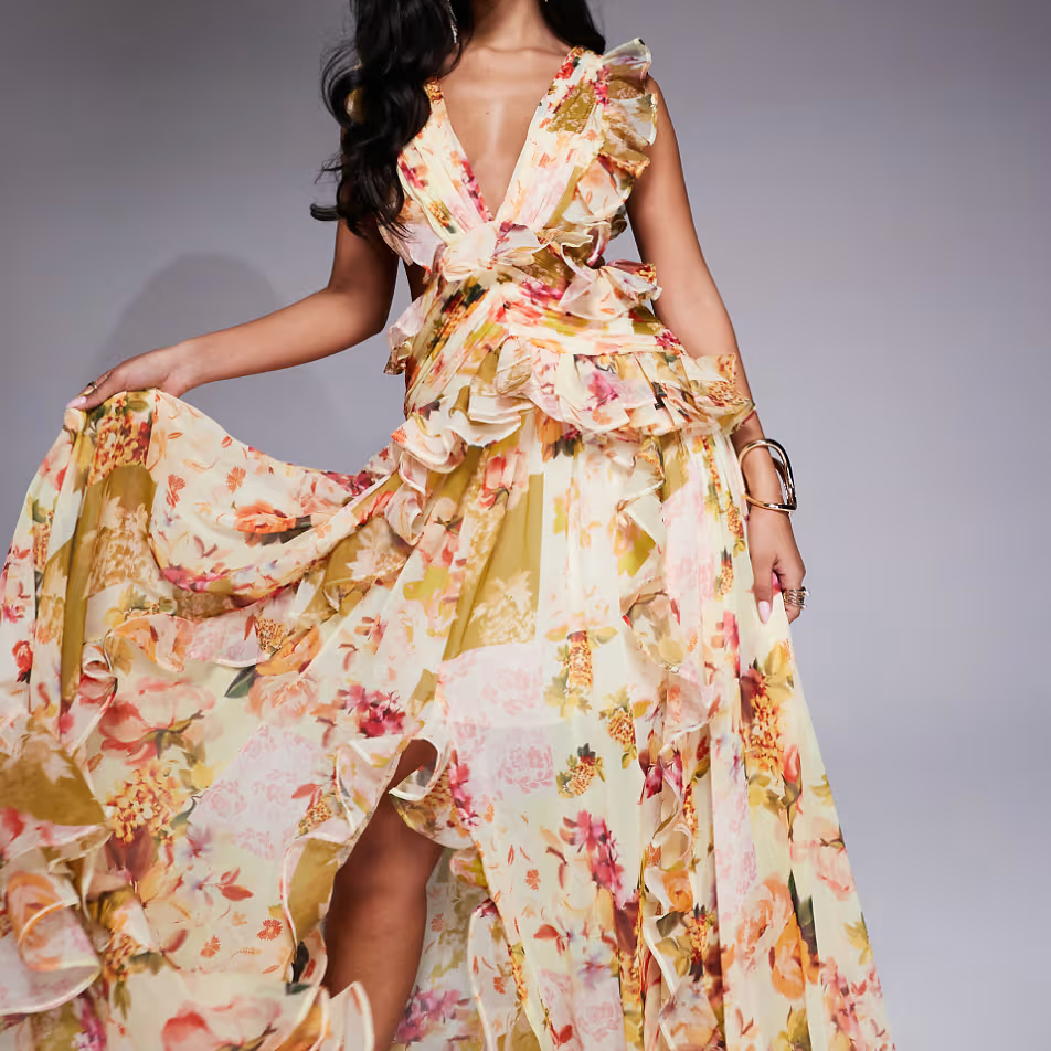 Ruched Chiffon Plunge Floral Maxi Dress