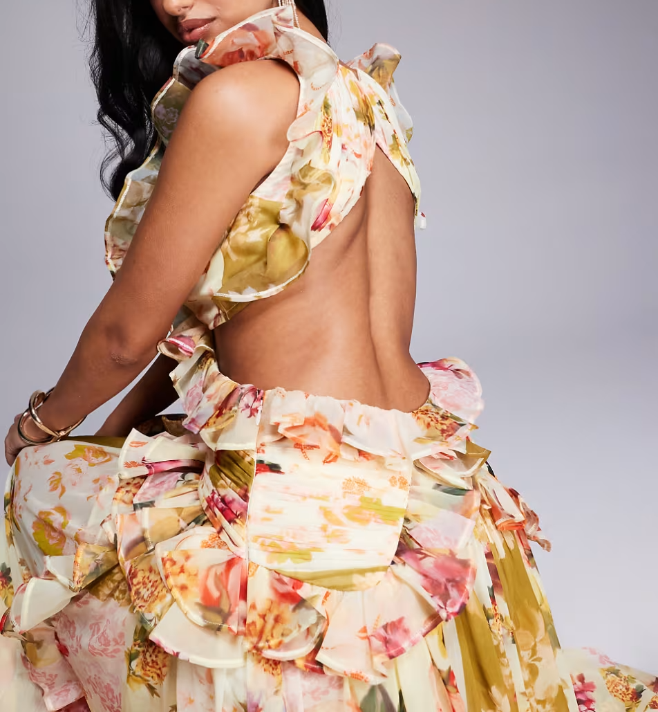 Ruched Chiffon Plunge Floral Maxi Dress