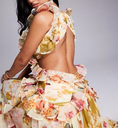 Ruched Chiffon Plunge Floral Maxi Dress