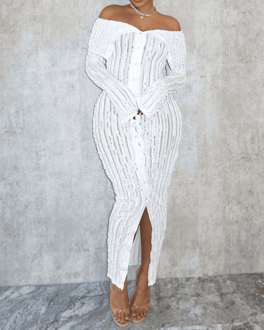 Elegant  Mesh Wavy Ruffle Front Slit Bodycon Maxi Dress