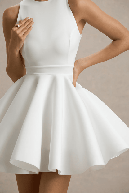 White Racer-Neck Sleeveless Skater Mini Dress