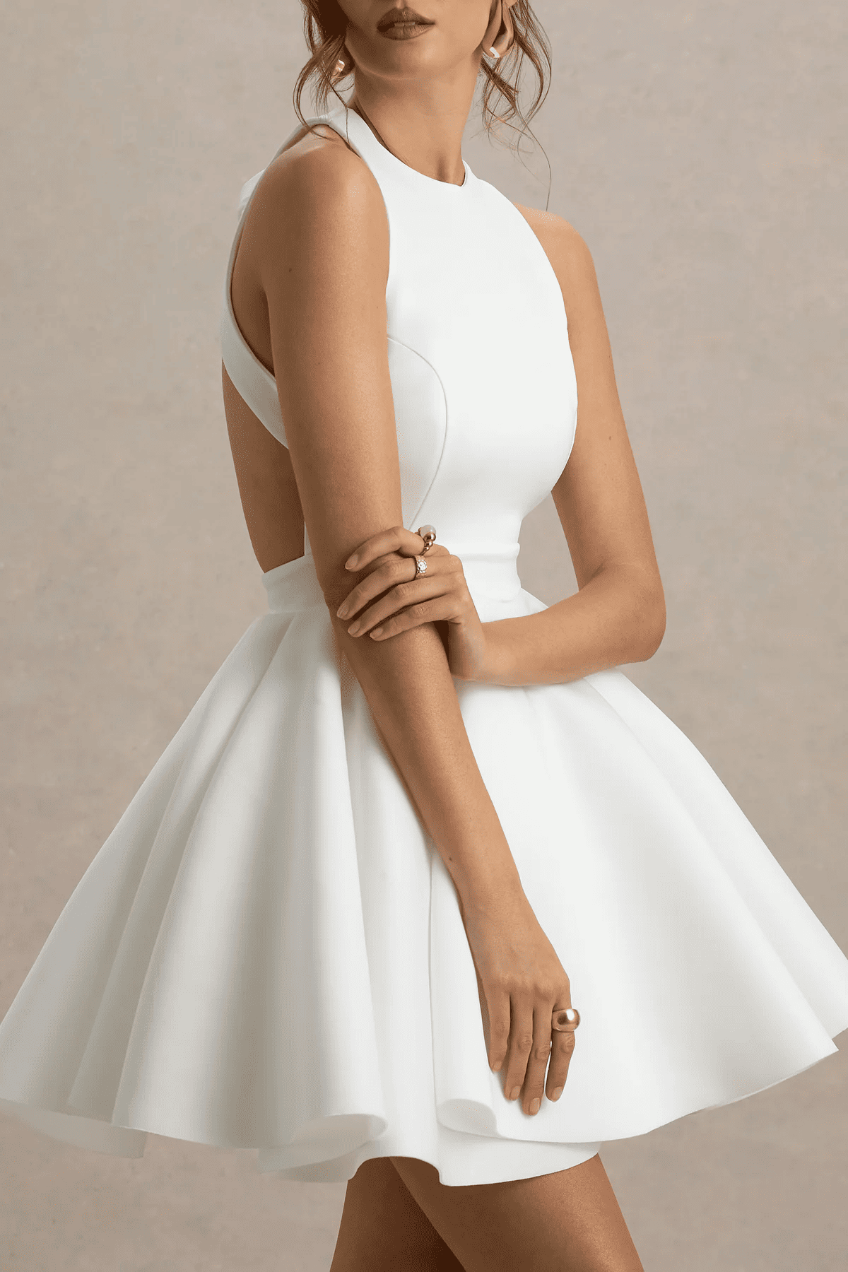 White Racer-Neck Sleeveless Skater Mini Dress