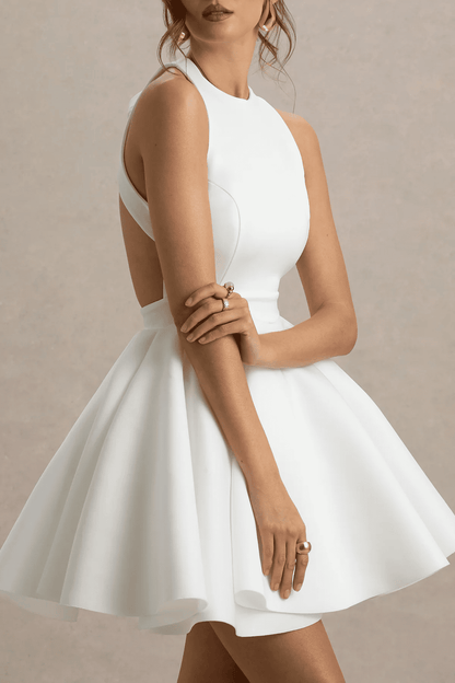 White Racer-Neck Sleeveless Skater Mini Dress