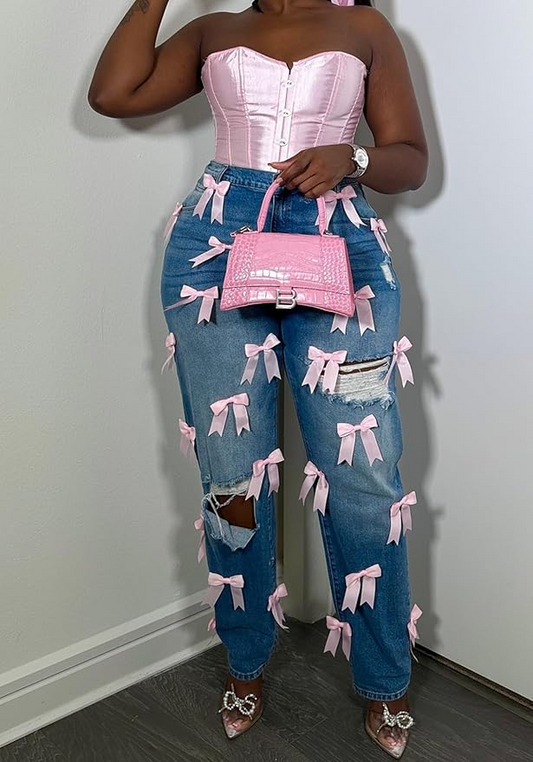 Bow Ripped Wide Leg Jeans
