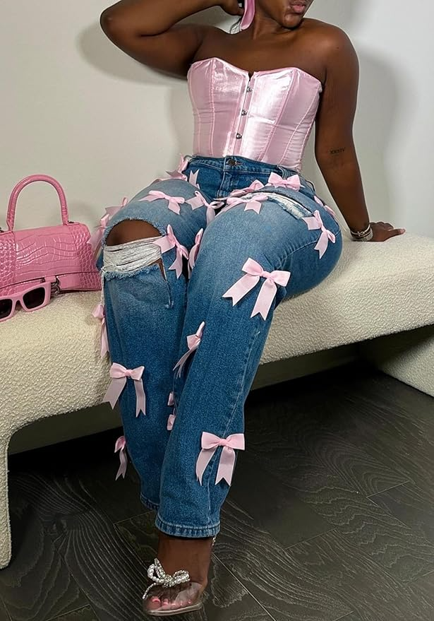 Bow Ripped Wide Leg Jeans