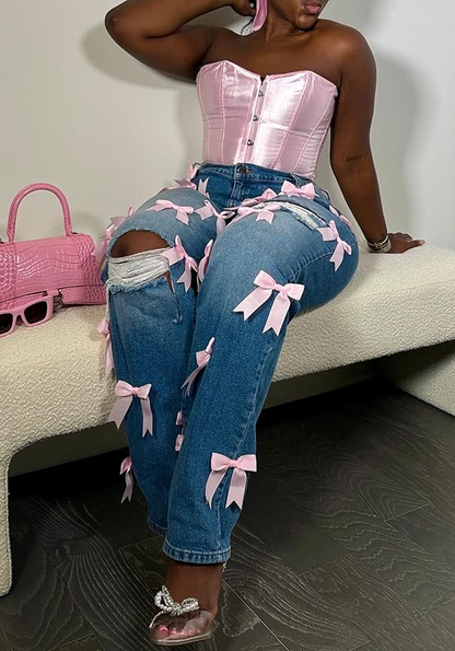 Bow Ripped Wide Leg Jeans