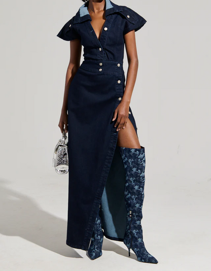 Chelsea Button Side Demin Maxi Dress