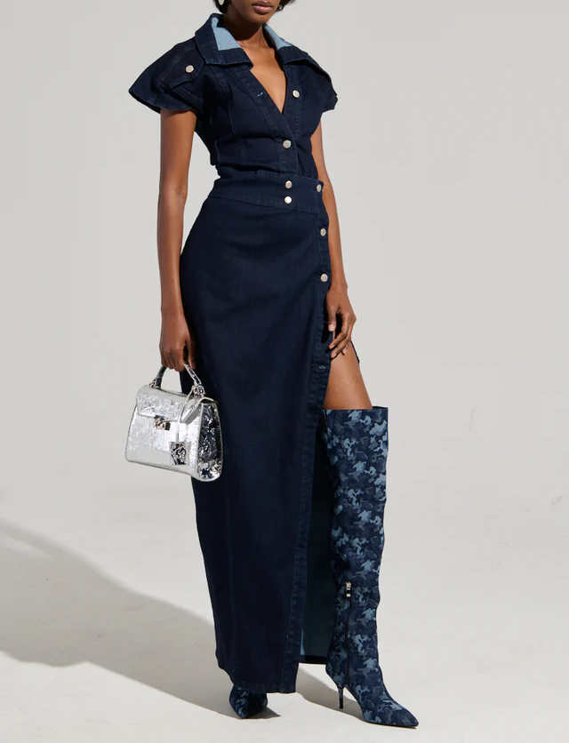 Chelsea Button Side Demin Maxi Dress