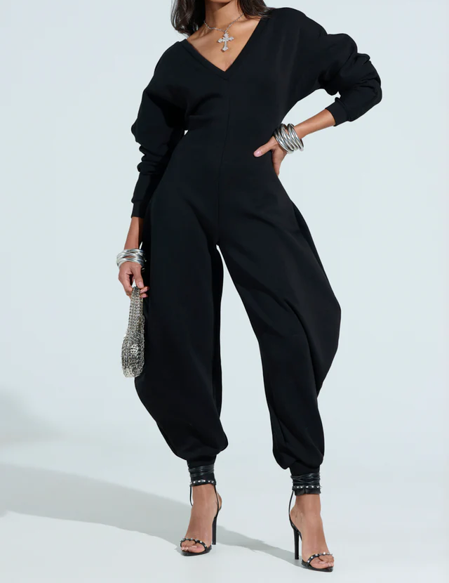 Cozy Sweatshirt Jumpsuit  In Black / Gray