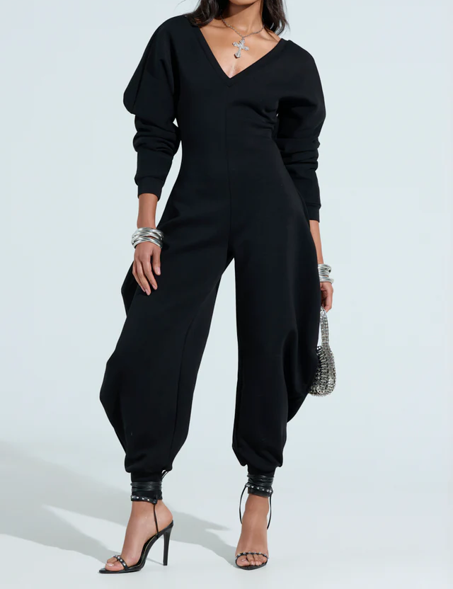 Cozy Sweatshirt Jumpsuit  In Black / Gray