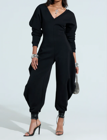 Cozy Sweatshirt Jumpsuit  In Black / Gray