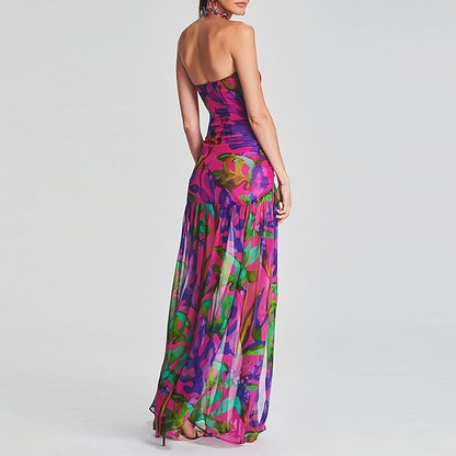Sexy Mesh Slit  Floral Maxi Dress