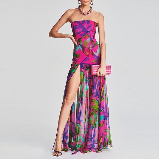 Sexy Mesh Slit  Floral Maxi Dress