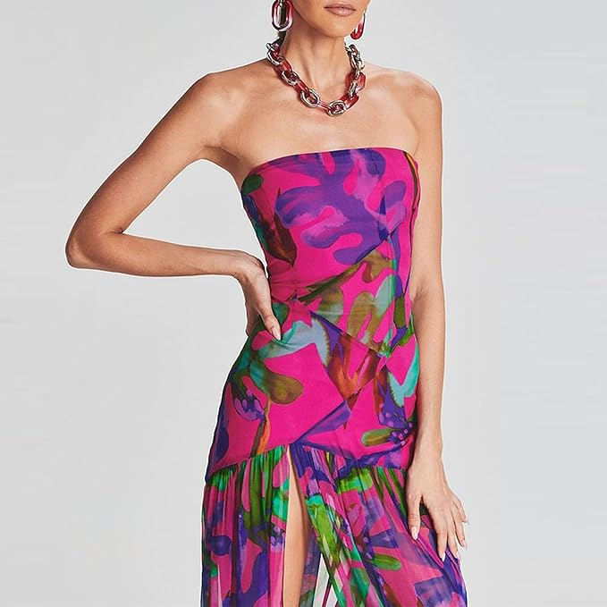 Sexy Mesh Slit  Floral Maxi Dress