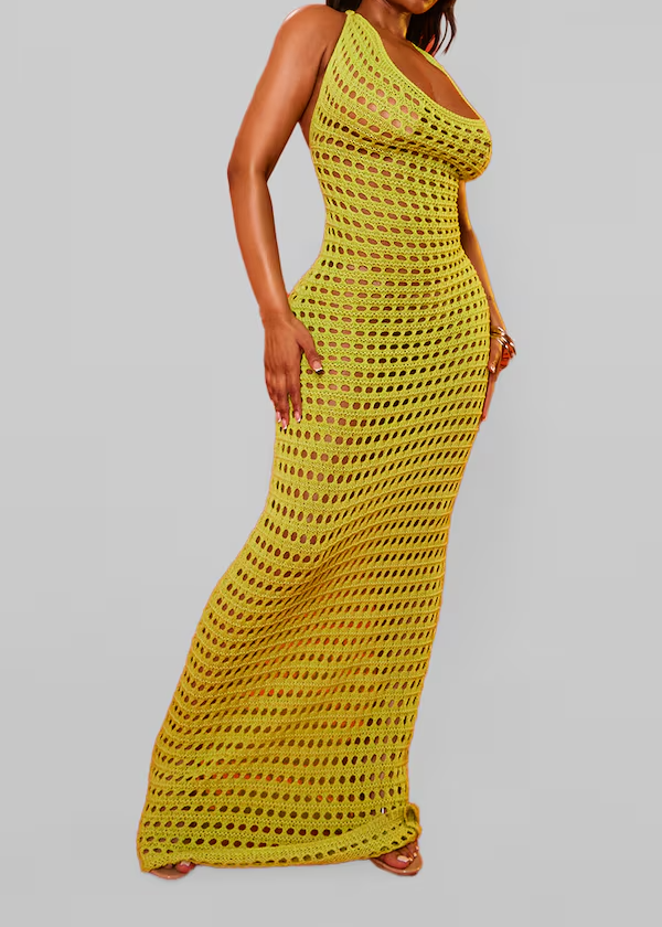 Crochet Knit Halterneck Open Back Maxi Dress