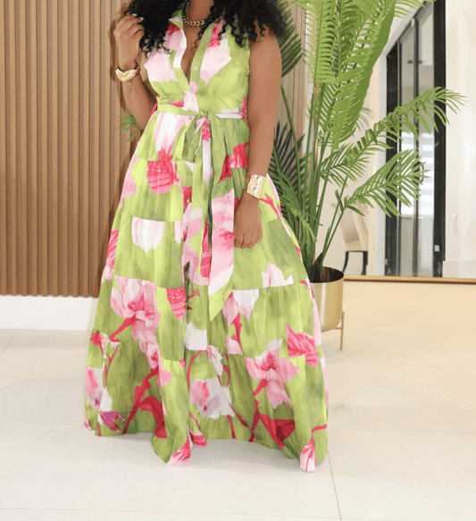Elegant Sleeveless Printed Lace-Up Dress