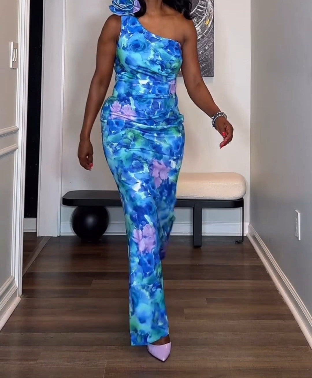 Petite Rosette-Shoulder Watercolor-Print Evening Gown