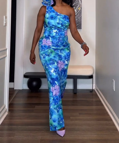 Petite Rosette-Shoulder Watercolor-Print Evening Gown