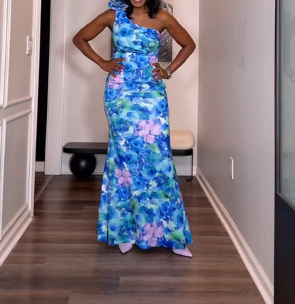 Petite Rosette-Shoulder Watercolor-Print Evening Gown