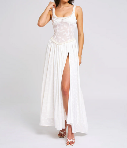 White Square Neck Jacquard Textured High Slit Maxi Dress