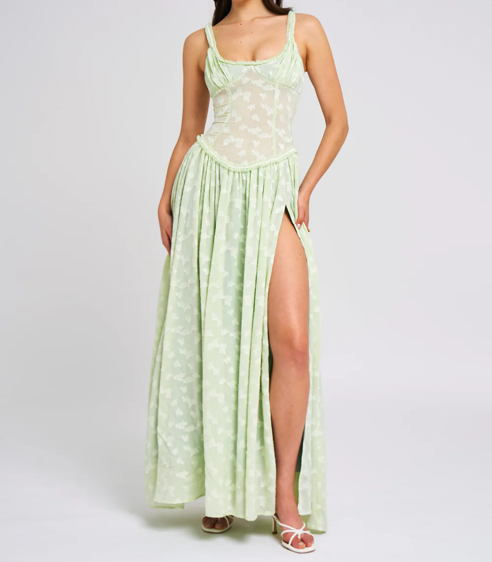 White Square Neck Jacquard Textured High Slit Maxi Dress