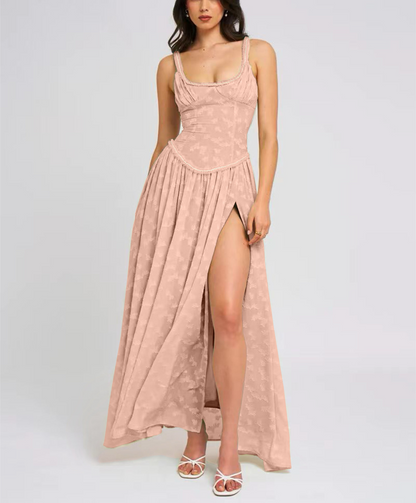 White Square Neck Jacquard Textured High Slit Maxi Dress