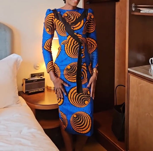 Elegant Printed Blue Patchwork Dress