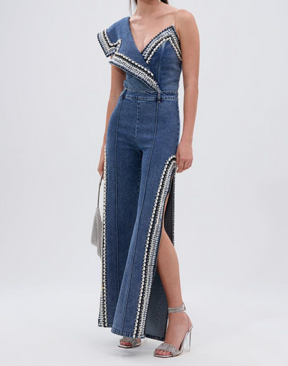 Side Slit Luxury Jeans Two Piece Set