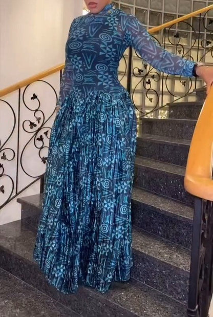 Elegant Sexy Blue Printed Dress