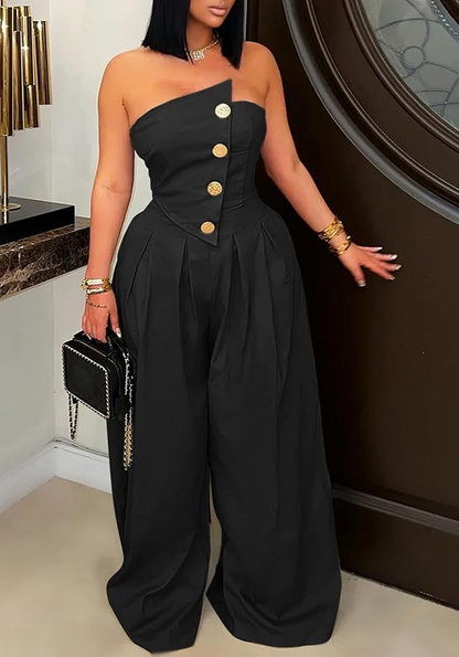 Strapless Wide Sleeveless Zip Up Leg Jumpsuit