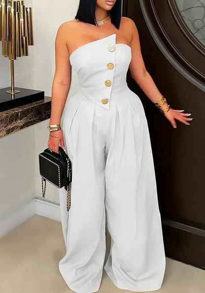 Strapless Wide Sleeveless Zip Up Leg Jumpsuit