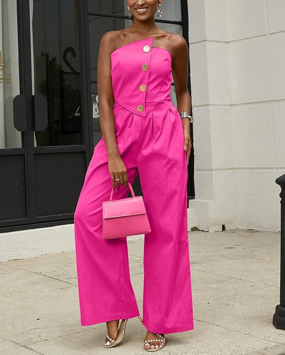 Strapless Wide Sleeveless Zip Up Leg Jumpsuit