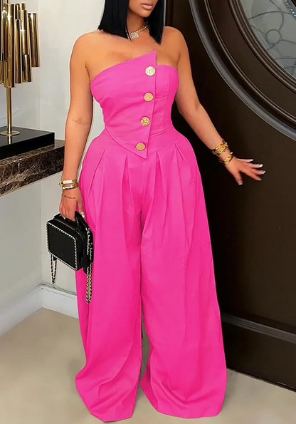 Strapless Wide Sleeveless Zip Up Leg Jumpsuit