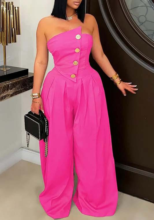 Strapless Wide Sleeveless Zip Up Leg Jumpsuit