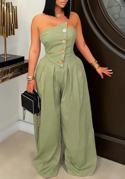 Strapless Wide Sleeveless Zip Up Leg Jumpsuit