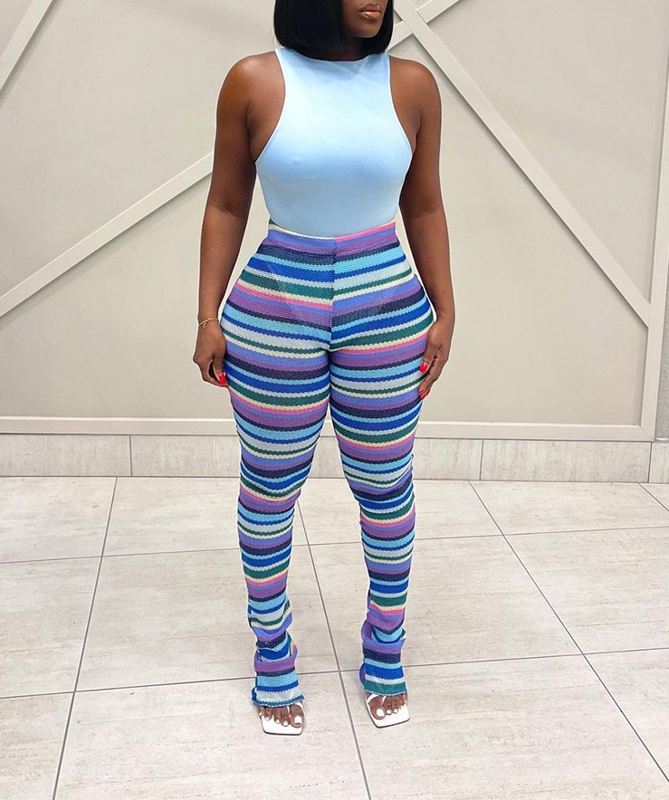 Colorful Striped Knit Openwork Jacquard Pants