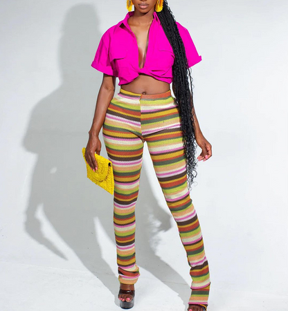 Colorful Striped Knit Openwork Jacquard Pants