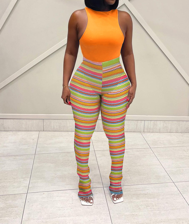 Colorful Striped Knit Openwork Jacquard Pants