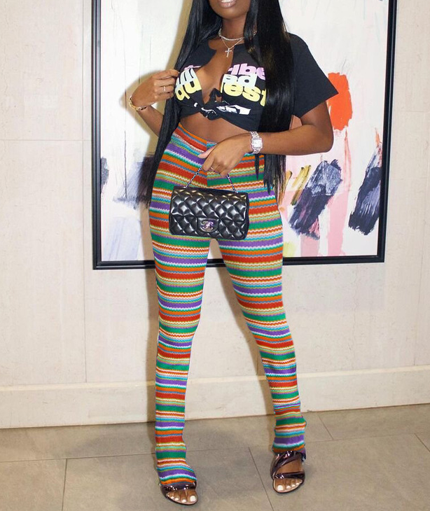 Colorful Striped Knit Openwork Jacquard Pants