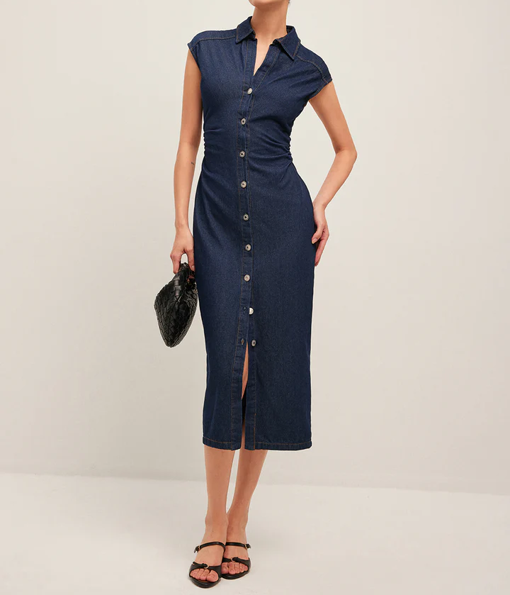 V-Neck Sleeveless Button Denim Dress