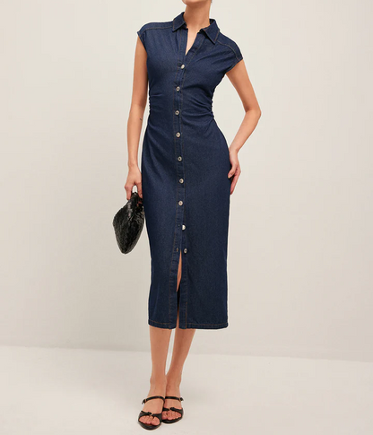 V-Neck Sleeveless Button Denim Dress