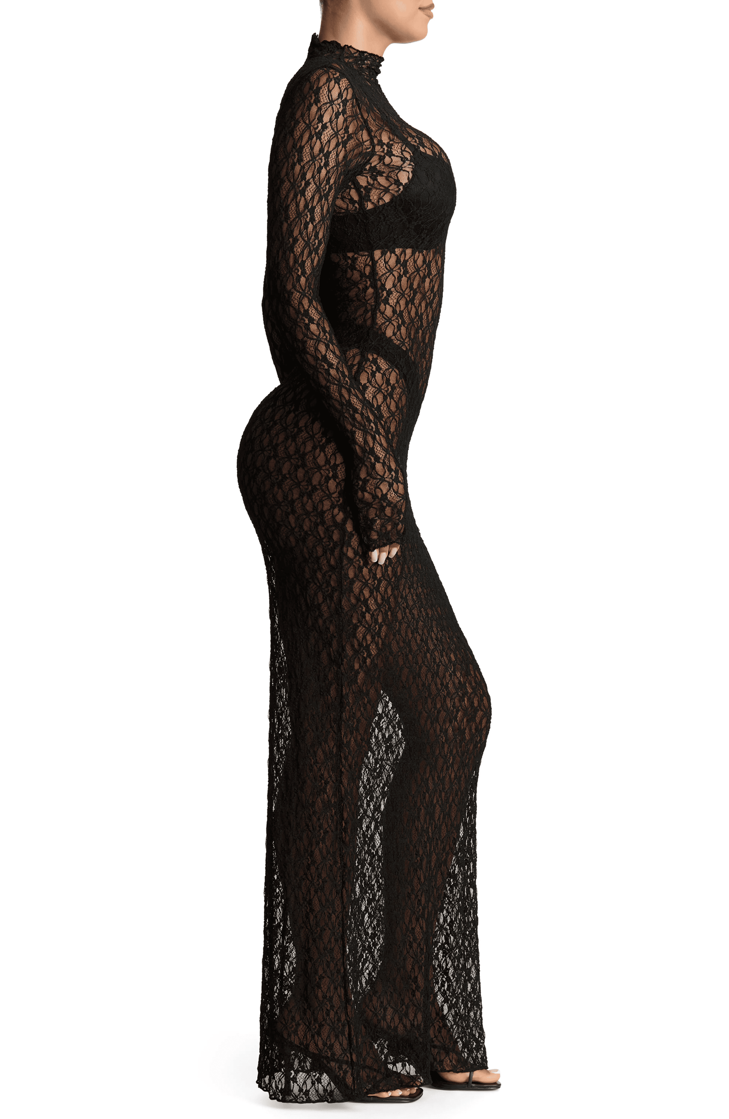 Mock Neck Long Sleeve Sheer Lace Maxi Dress