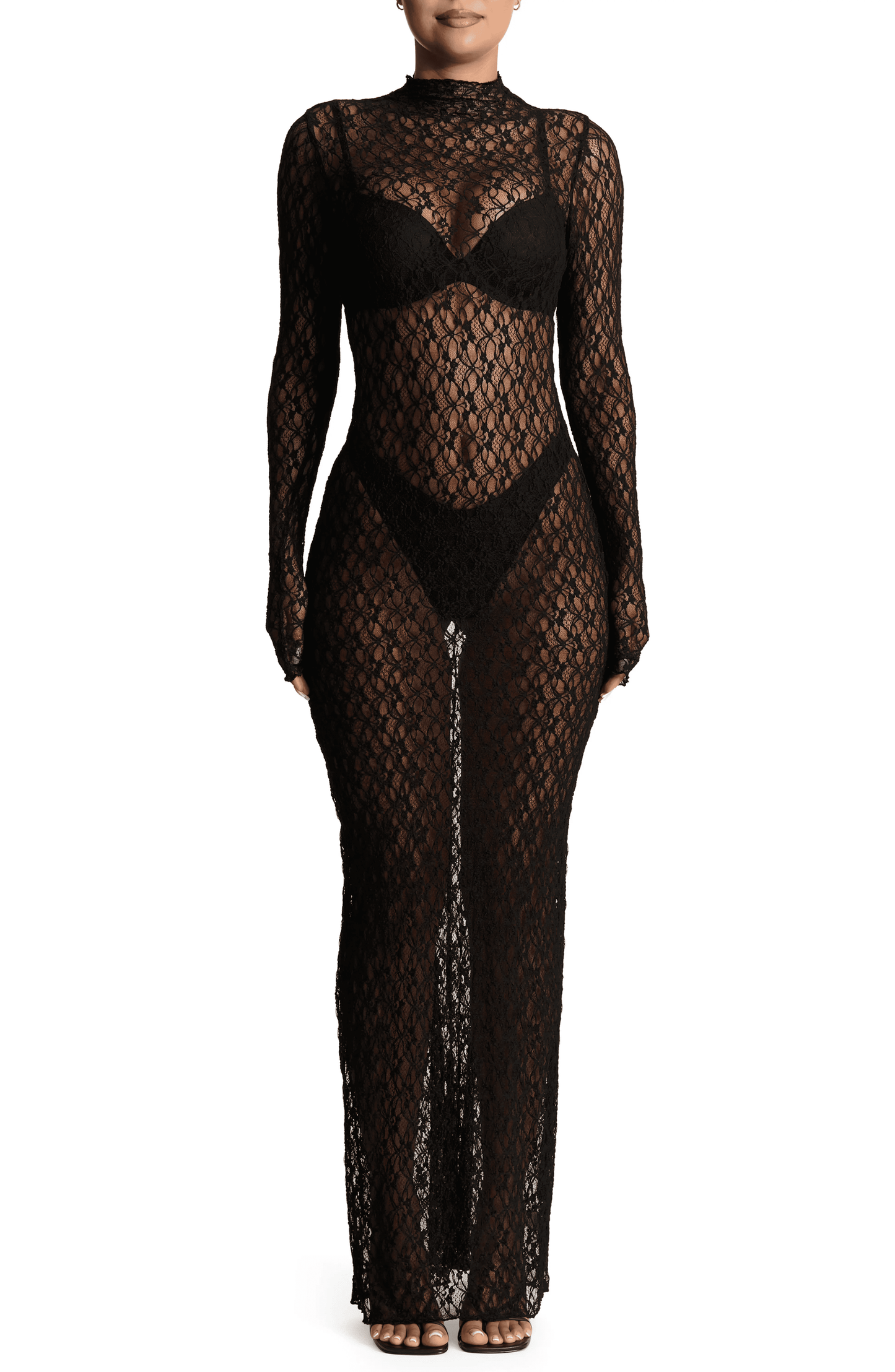 Mock Neck Long Sleeve Sheer Lace Maxi Dress