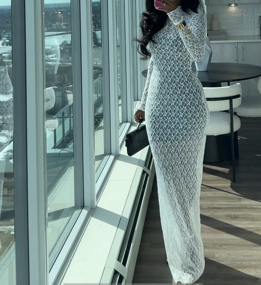 Mock Neck Long Sleeve Sheer Lace Maxi Dress