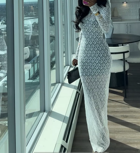 Mock Neck Long Sleeve Sheer Lace Maxi Dress