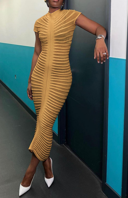 Short Sleeve  Knit Sheer Stripe Mock Neck Midi Dress