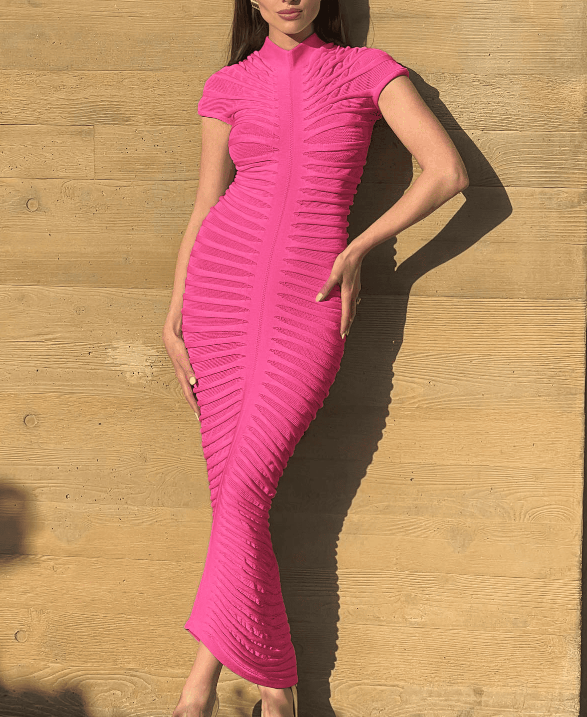 Short Sleeve  Knit Sheer Stripe Mock Neck Midi Dress