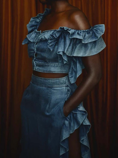 Denim Ruffled Off Shoulder Two Pieces Dress